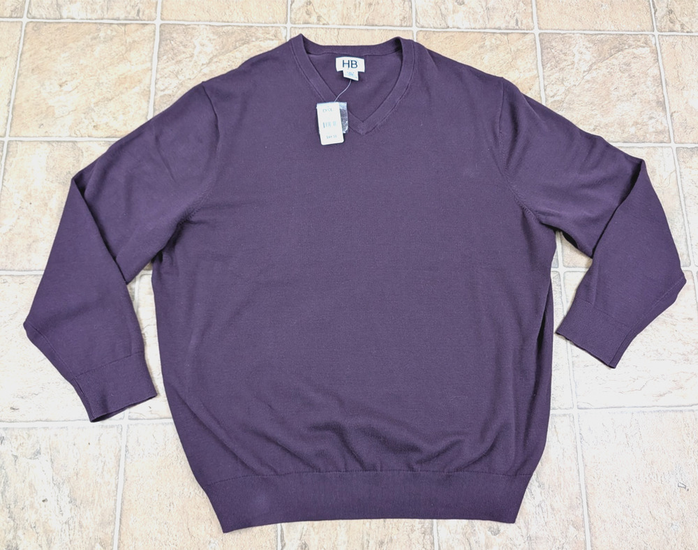 New HB men sz 2XLT knit Sweater purple v-neck thin stretchy long sleeves 1852